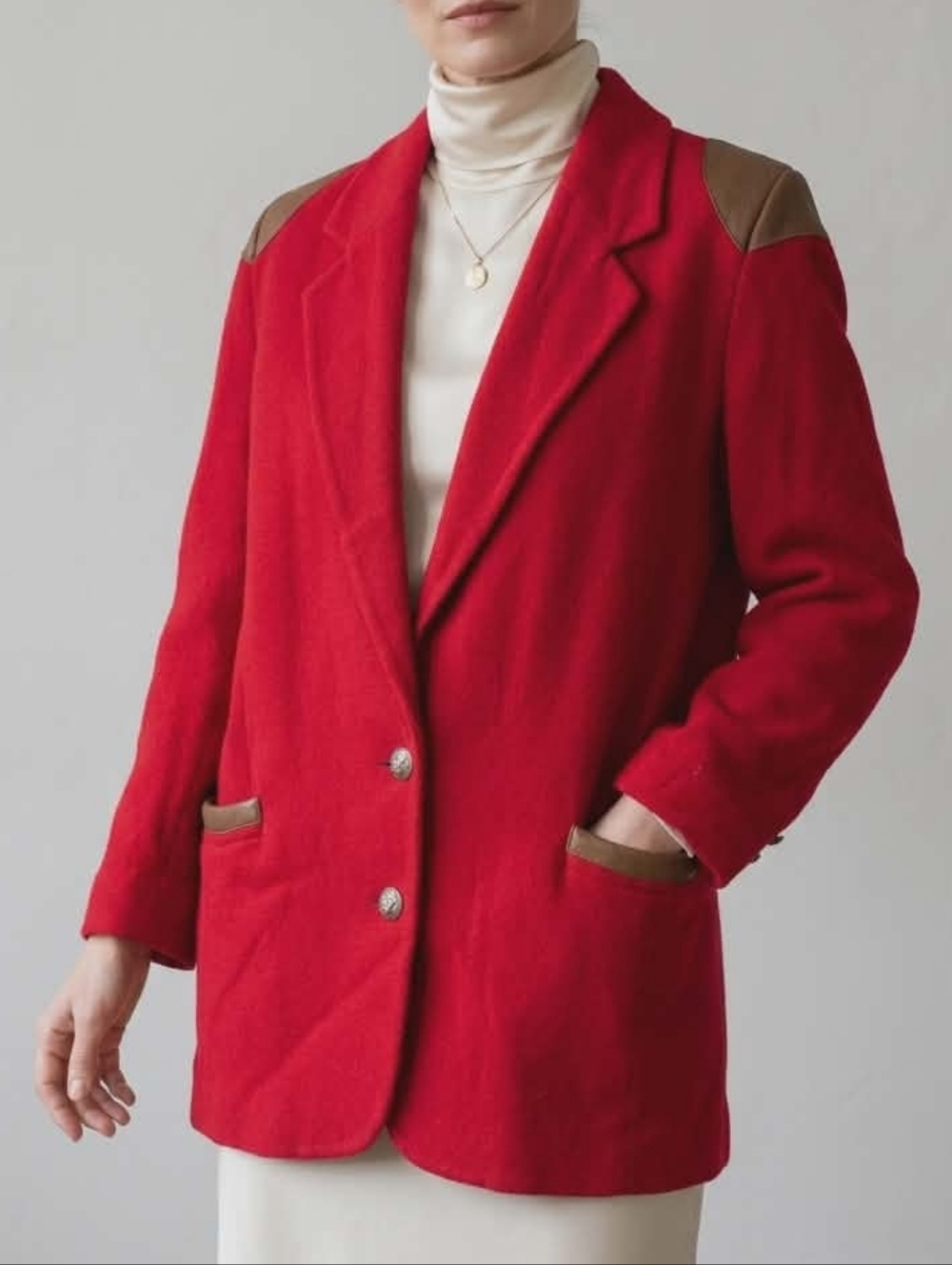 Vintage Bianca Women's Red Blazer with Brown Trim